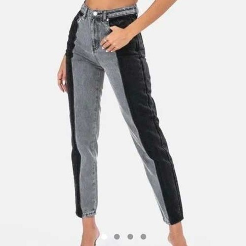 ADIKA Y2K Two Tone Color Block Jeans Women Size L Black Grey Straight Leg